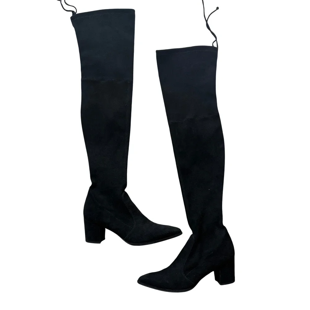 Stuart Weitzman Black Suede Over The Knee Boots Block Heel Tie‎ Back Size 10